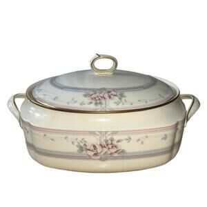 VTG Noritake Magnificence Oval Covered Vegetable Dish Cream Floral Gold Trim